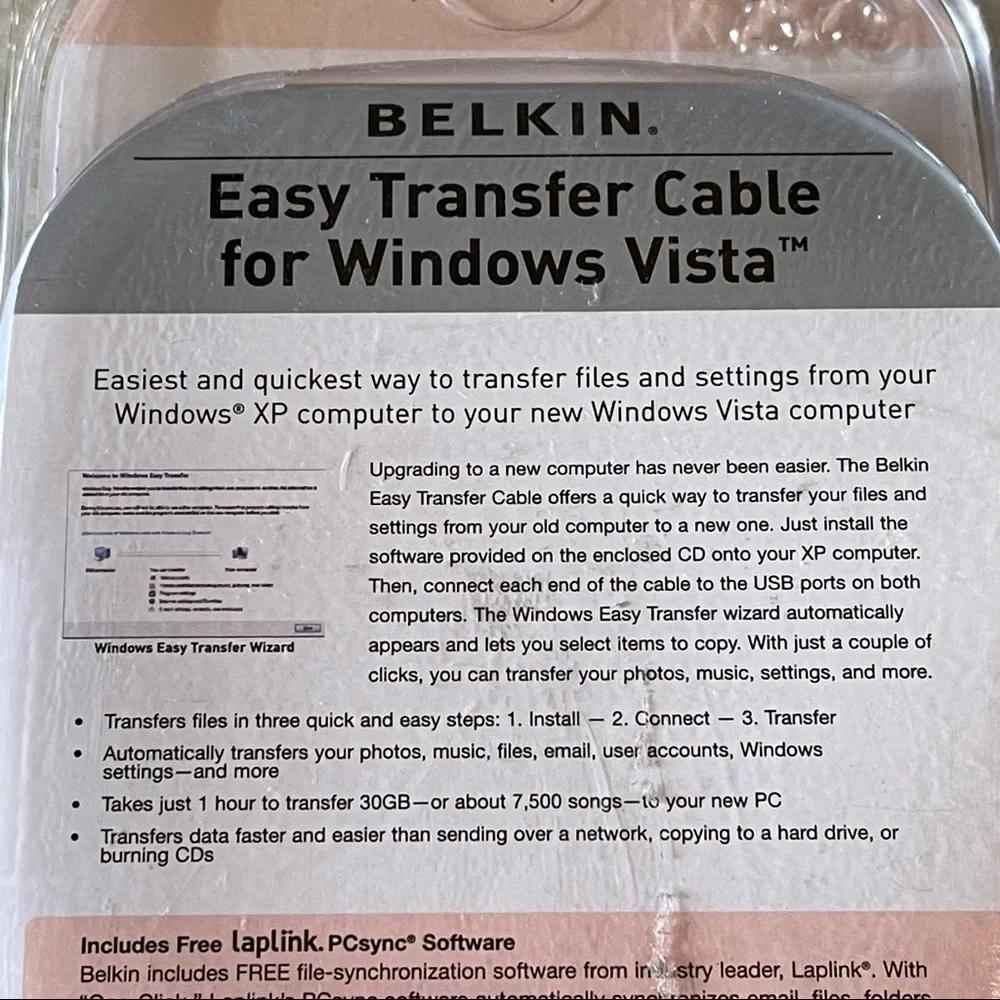 BELKIN EASY TRANSFER CABLE 4 WINDOWS VISTA USB 8FT FREE LAPLINK SOFTWARE